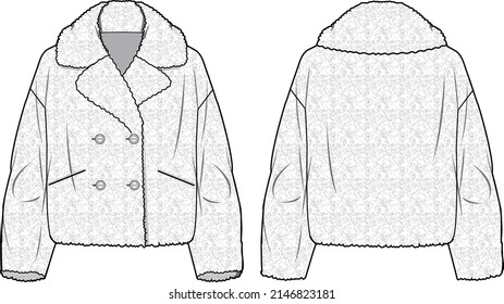 Women's Short Plush Fur Coat. Coat technical fashion illustration. Flat apparel coat template front and back, white colour. Women's CAD mock-