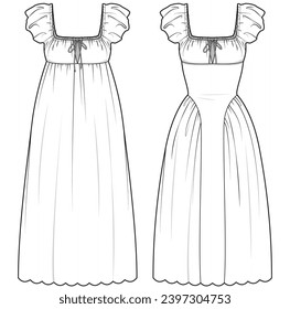 womens short puff sleeve square neck long maxi dress flat sketch vector illustration technical cad drawing template