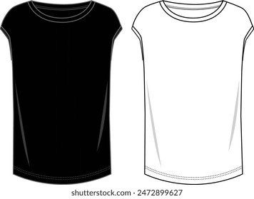 Women's Short Sleeve Basic T-shirt. Technical fashion illustration. Front, white and black color. Unisex CAD mock-up.