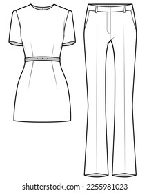 womens short sleeve belted waist tunic top and pant formal wear set flat sketch vector technical cad drawing template