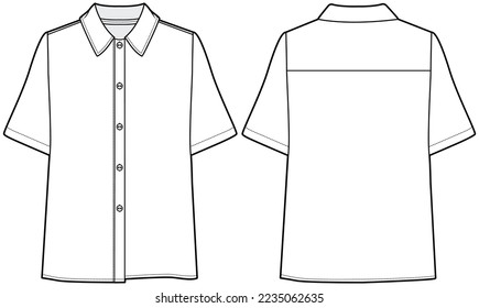 womens short sleeve boxy shirt flat sketch vector illustration front and back technical cad drawing template