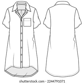 womens short sleeve button down collared shirt dress flat sketch vector technical cad drawing template