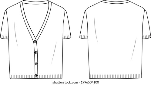 Women's Short Sleeve Cardigan. Cardigan technical fashion illustration. Flat apparel cardigan template front and back, white colour. Women's CAD mock-up.