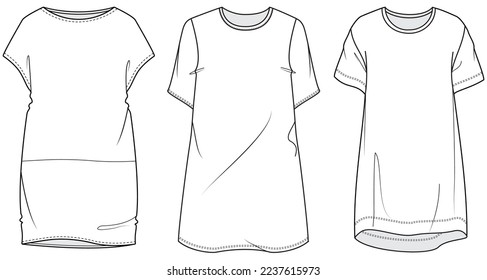 mujeres de manga corta cuello de la tripulación vestido de camiseta de camisa plana boceto vectorial ilustración técnica plantilla de dibujo de cad