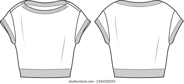 Women's Short Sleeve Crop Jumper- Technical fashion illustration. Front and back, white colour. Women's CAD mock-up.