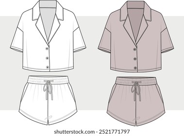 manga curta das mulheres cortou camisa resort havaiano com shorts set desenho de desenho de desenho de esboço plano ilustração, modelo de ilustração de moda de desgaste casual aloha.