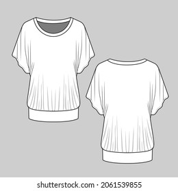 Womens Short Sleeve Dolman Drape Top Fashion Tee Flat Sketch Technical Drawing Template Vector Design