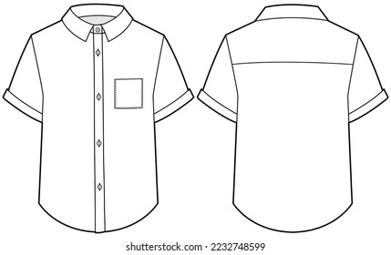 women's short sleeve formal shirt flat technical cad drawing vector template