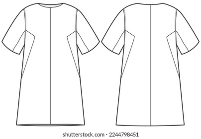 mujeres de manga corta ropa de turno de línea dibujo plano ilustración vectorial plantilla técnica de dibujo de cad