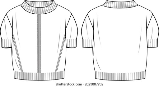 Women's Short Sleeve, Mock Neck Crop Jumper- Jumper technical fashion illustration. Flat apparel jumper template front and back, white colour. Women's CAD mock-up.