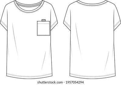 Women's Short Sleeve, Pocket Detail T-shirt. Jersey top technical fashion illustration with short sleeves. Flat apparel t-shirt template front and back, white color. Women's CAD mock-up.