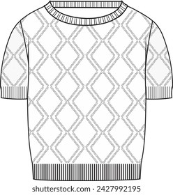 Frauen Kurzarm Pointelle Crop Jumper - Technische Mode-Illustration. Vorderseite, weiß. CAD-Mock-up für Frauen.