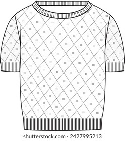 Women's Short Sleeve Pointelle Crop Jumper- Technical fashion illustration. Front, white colour. Women's CAD mock-up.