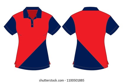 Women's short sleeve polo shirt red-navy blue design on white background. Front and back views, vector file.