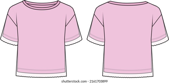 Women's Short Sleeve, Round Neck, Double Layer T-shirt. Jersey top technical fashion illustration with short sleeves. Flat apparel t-shirt template front and back, pink color. Unisex CAD mock-up.