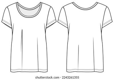 womens short sleeve scoop neck t shirt flat technical cad drawing vector template