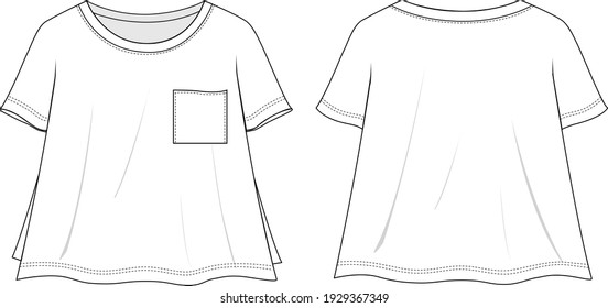 Camiseta de manga corta para mujeres - Ilustración técnica superior de Jersey con detalles de bolsillo. Funda plana para camisetas de color blanco y frontal. Burla de CAD de mujeres.