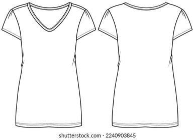 womens short sleeve v neck t shirt flat sketch vector illustration technical cad drawing template