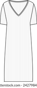 Women's Short Sleeve, V-Neck Midi Dress- Technical fashion illustration. Front, white color. Women's CAD mock-up.