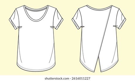 Womens short sleeve wide neck t-shirt technical drawing fashion flat sketch vector illustration template front and back views outline CAD mockup
