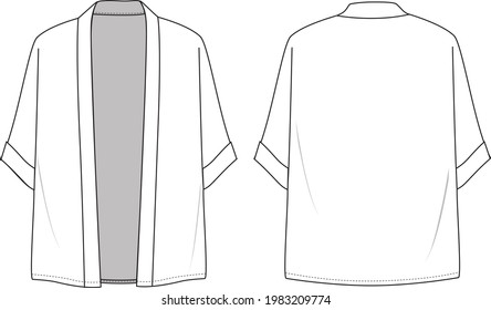 Chiffon Kimono de manga corta. Ilustración técnica de la chaqueta. Plantilla de la chaqueta de ropa plana en la parte delantera y trasera, color blanco. Burla de CAD.
