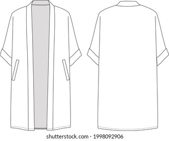 Women's Short-Sleeve Longline Chiffon Kimono. Jacket technical fashion illustration. Flat apparel jacket template front and back, white color. CAD mock-up. - Shutterstock ID 1998092906