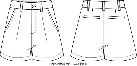 Women's Side Pockets Shorts. Shorts technical fashion illustration. Flat apparel shorts template front and back, white colour. Women's CAD mock-up.