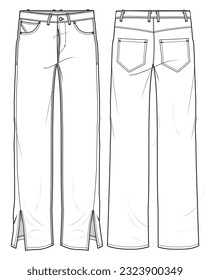 Women's Side Slit Denim Jeans Front and Back View. Fashion Flat Sketch Vector Illustration, CAD, Technical Drawing, Flat Drawing, Template, Mockup.