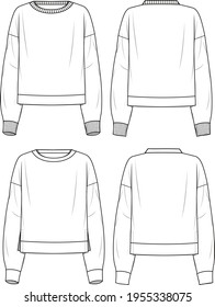 Juego de sudaderas básicas y de la parte lateral de la mujer. Ilustración técnica de sudaderas de moda. Prendas planas sudan la plantilla delante y detrás, color blanco. Burla de CAD de mujeres.