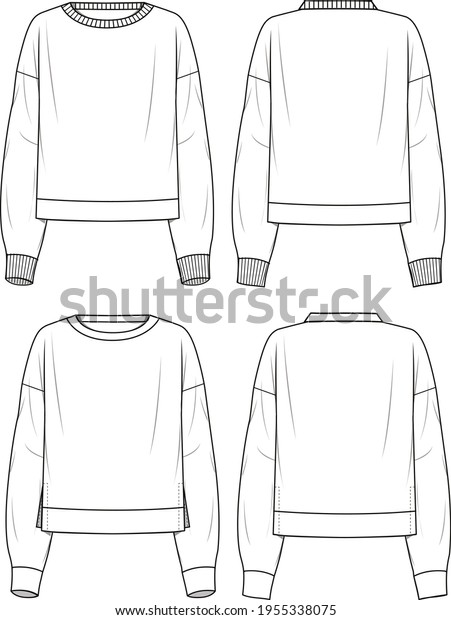 Women\'s Side Split and Basic\
Sweatshirt Set. Technical fashion sweatshirts illustration. Flat\
apparel sweats template front and back, white colour. Women\'s CAD\
mock-up.