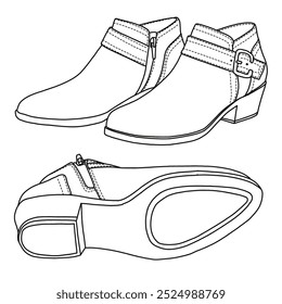 Women's Side Way Low Heel Knöchel Bootie Schuhe Linie Kunst, Technische Skizze Handzeichnung Umriss Vektor Doodle Illustration Seite und Unterseite einzeln auf weißem Hintergrund