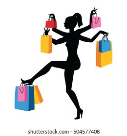 Women's silhouette with set of Colorful Empty Shopping Bags Isolated in White. Vector Illustration. Metaphor Black Friday. Marketing poster, web page, shopping bags design with copy space.

