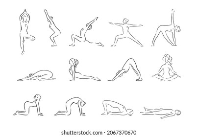 Silhouettes femeninas en estilo de arte en línea. Colección de poses de yoga hechas a mano. Asana. Ilustración del vector