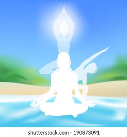 Women's silhouettes practicing yoga over a blurred tropical landscape background vector illustration
