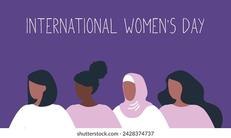 Women's silhouettes in profile. Women stand together. International Women's Day concept. Women's community. Female solidarity. Diverse group of women. Vector illustration in purple, pink colors