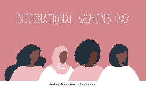 Women's silhouettes in profile. Women stand together. International Women's Day concept. Women's community. Female solidarity. Diverse group of women. Vector illustration in pink colors