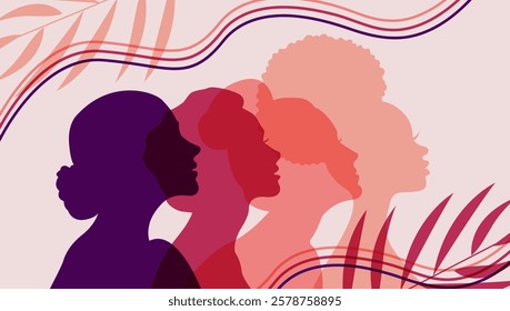 WOMEN'S SILHOUETTES. Vector illustration of colored women's silhouettes with ribbons and fliwers. Concept of feminism, femininity and spring. Semi-transparent figures.