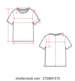 Women's simple t-shirt design. Apparel template, Fashion Flat Sketch vector. T shirt scheme with arrows for e shop, front and back, sewing scheme. 