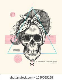 Women's skeleton skull in pop art woodcut style with fashionable hairstyle wearing cool scarf against hipster abstract background. Vector illustration can be used as t-shirt print, poster, postcard 