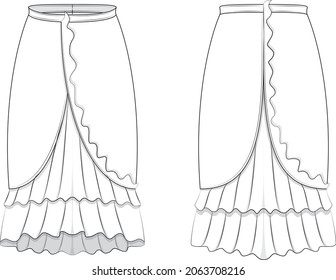 Womens skirt fashion flat drawing, technical drawing sketch