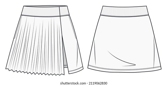 Womens Skirt fashion flat drawing template. Girls short Skirt fashion sketch template. Sports Skirt set. 