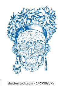 Women's skull with ethnic decor jewellery and flowers vector hand drawing
