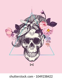 Women's skull in pop art style with fashionable hairstyle and scarf against abstract background and surrounded by rose flowers. Vector illustration can be used as t-shirt print, poster, postcard etc