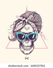 Women's skull in woodcut style with fashionable hairstyle wearing cool scarf and glasses against hipster abstract background. Vector illustration can be used as t-shirt print, poster, postcard etc.