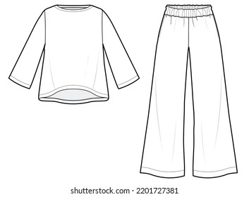 womens sleep wear set t shirt and flared pant fashion flat sketch vector illustration. cad mockup.