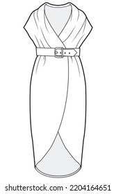 womens sleeveless belted waist wrap dress fashion flat sketch vector illustration. cad mockup.