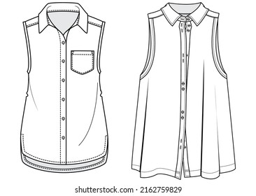 women's sleeveless button down collar shirt flat sketch vector illustration