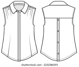 womens sleeveless button down collar shirt blouse flat technical cad drawing front and back view vector template