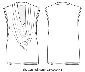 womens sleeveless cowl neck top flat sketch vector illustration technical cad drawing template