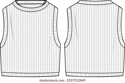 Women's Sleeveless Crochet Jumper- Technical fashion illustration. Front, white colour. Women's CAD mock-up.